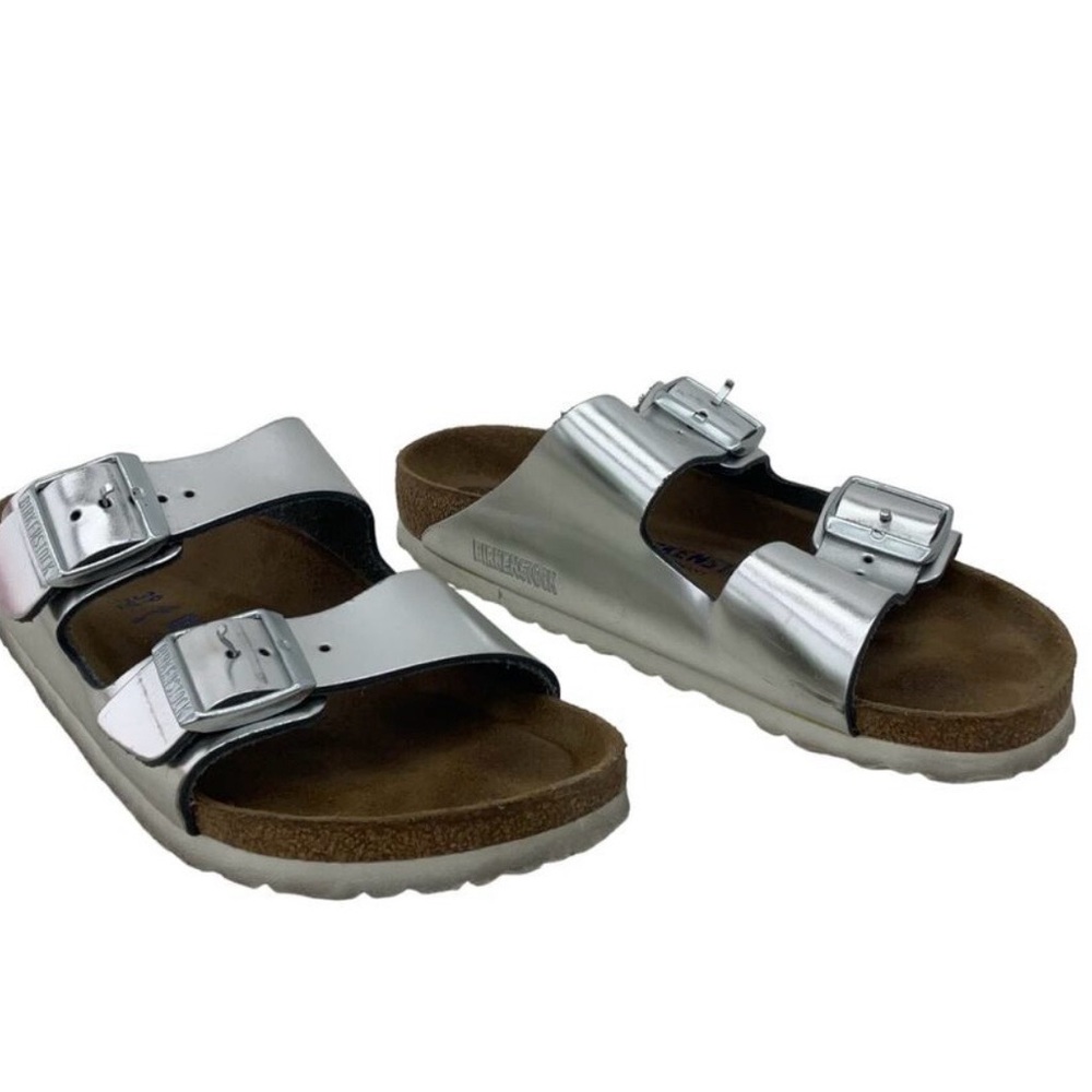 Birkenstock Silver Double Buckle Sandals with Brown Footbed Size 8 Women/39